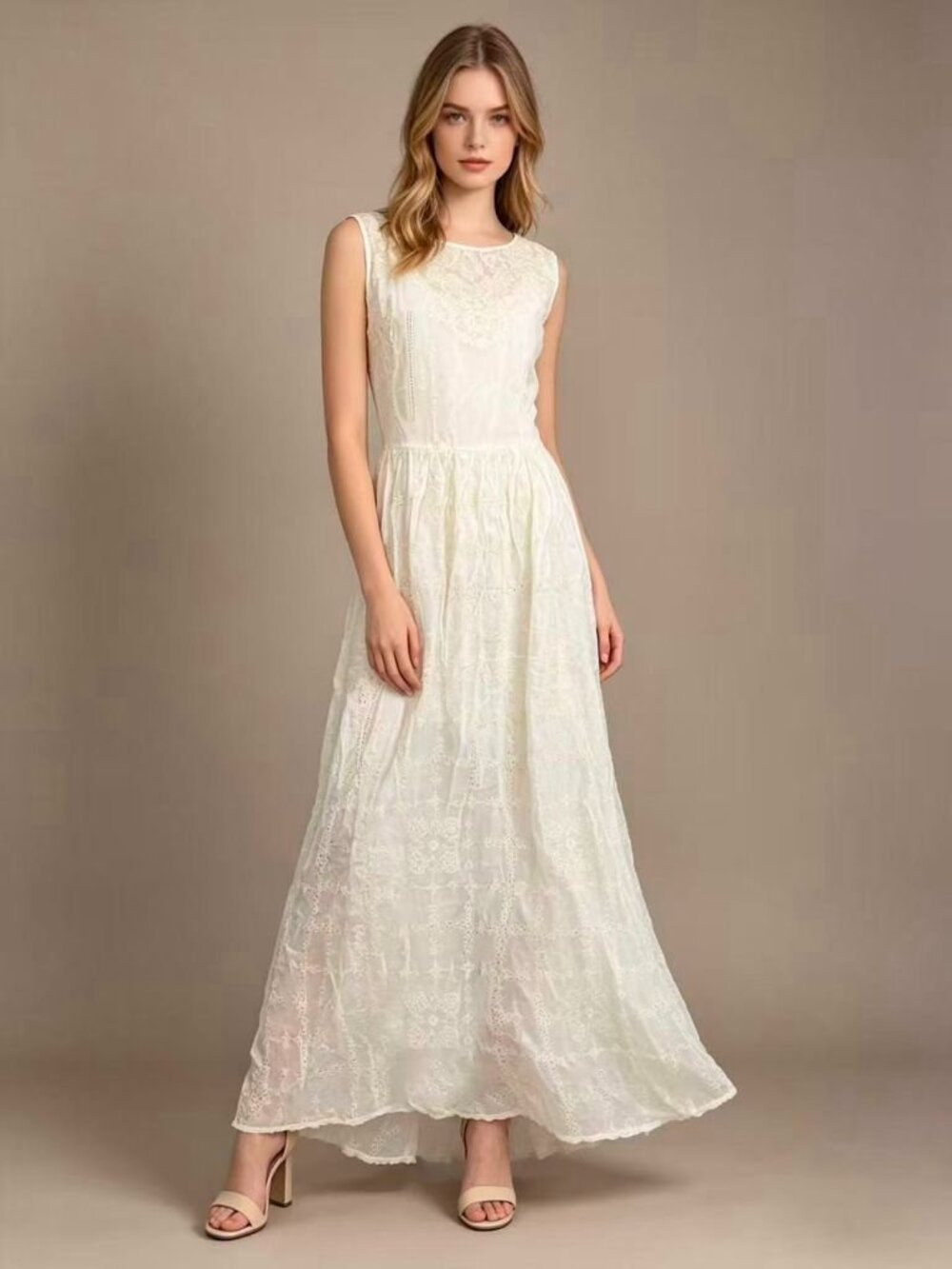 NWOT JOHNNY WAS Floral Embroidered Sleeveless Maxi Dress Cream Size S